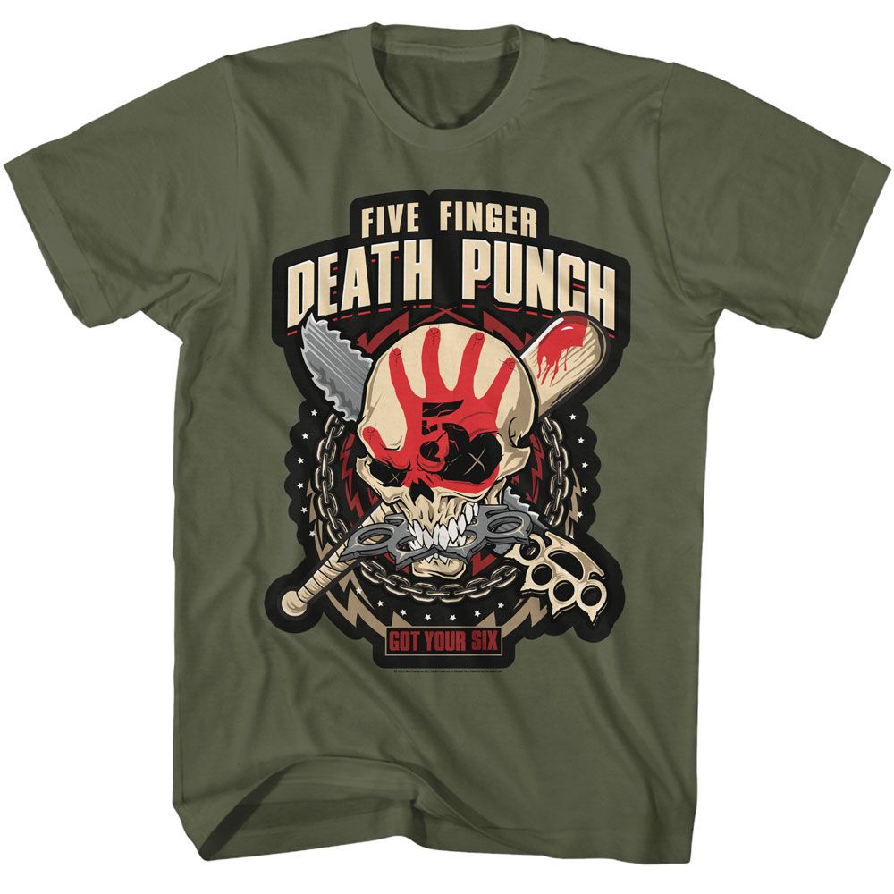 Military green Five Finger Death Punch t-shirt featuring Five Finger Death Punch Got Your Six 2015 album design