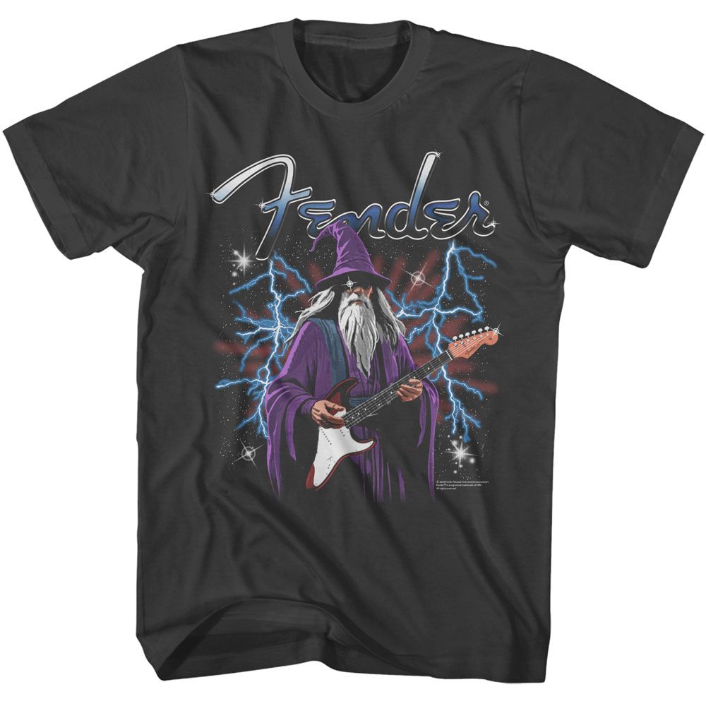 Smoke gray Fender t-shirt featuring Fender Wizard Playing Strat design