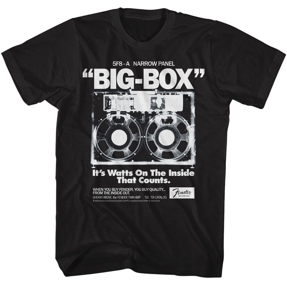 Black Fender t-shirt featuring Fender Big Box design