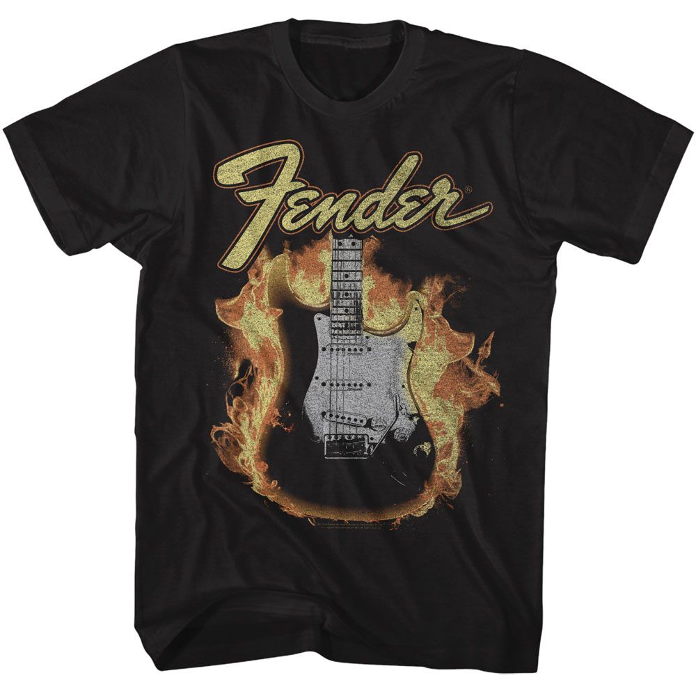 Black Fender t-shirt featuring Fender Flame Guitar design