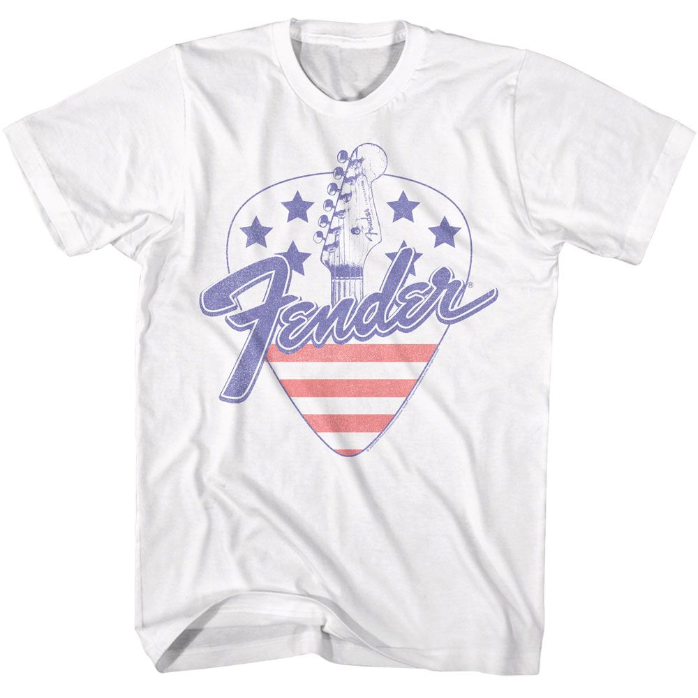 White Fender t-shirt featuring Fender America Guitar Pick design