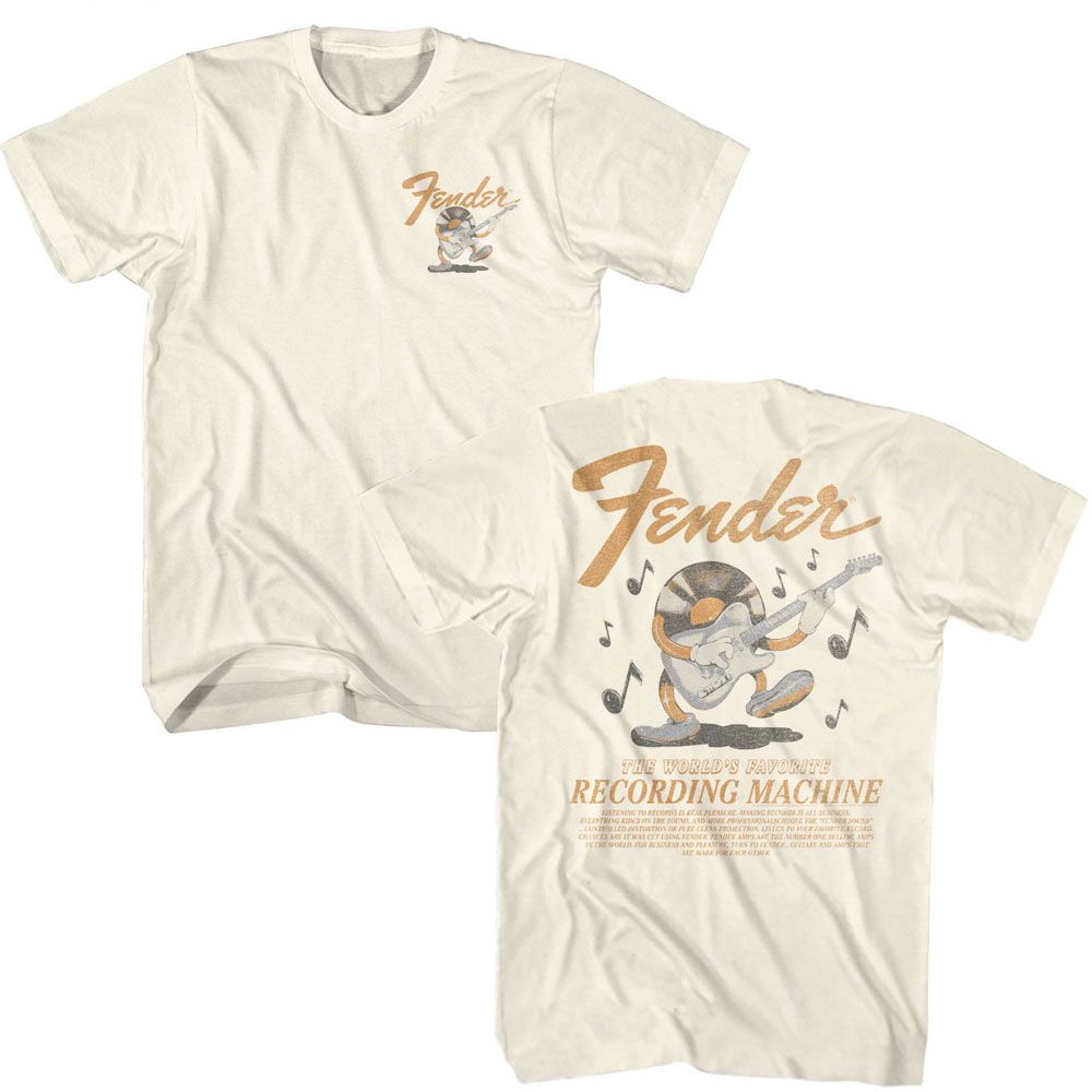 Natural Fender t-shirt featuring Fender Recording Machine front and back design