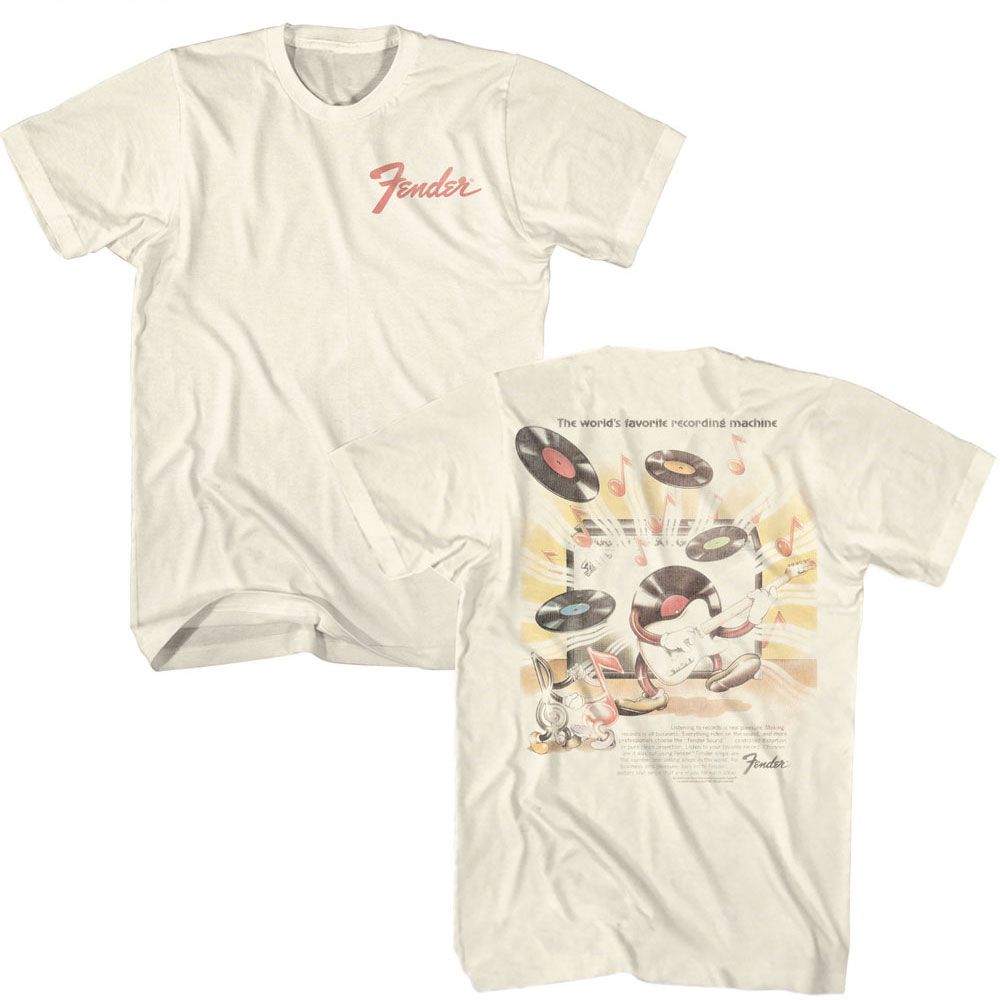 Natural Fender t-shirt featuring Fender 70s Record Poster front and back design
