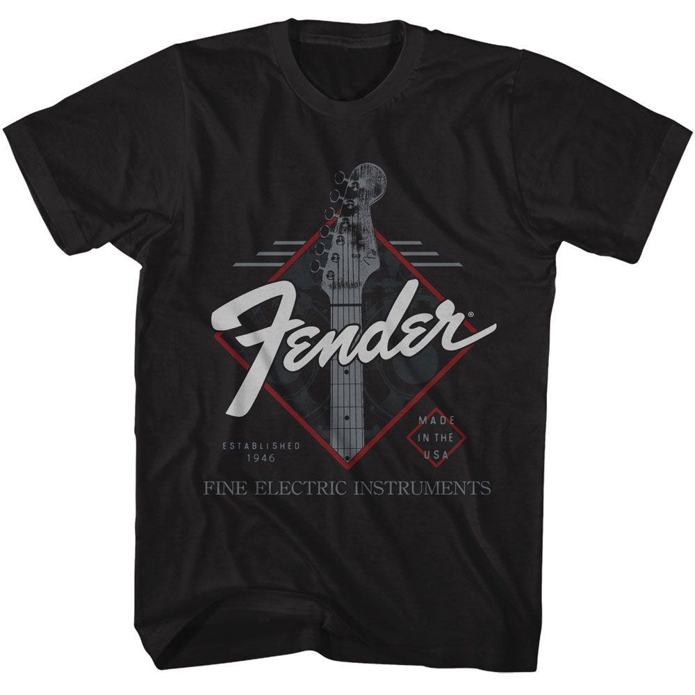 Black Fender t-shirt featuring Fender Made In The USA design