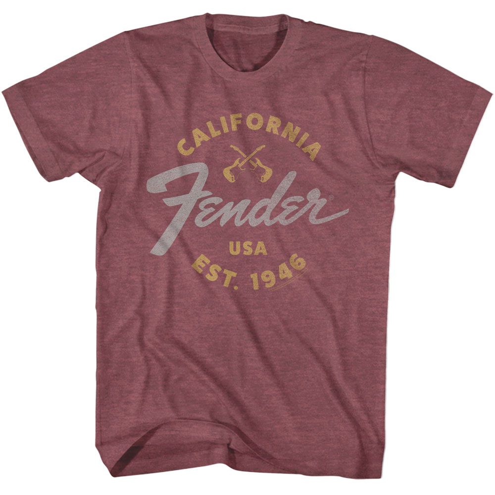 Vintage maroon heather Fender t-shirt featuring Fender California 1946 design
