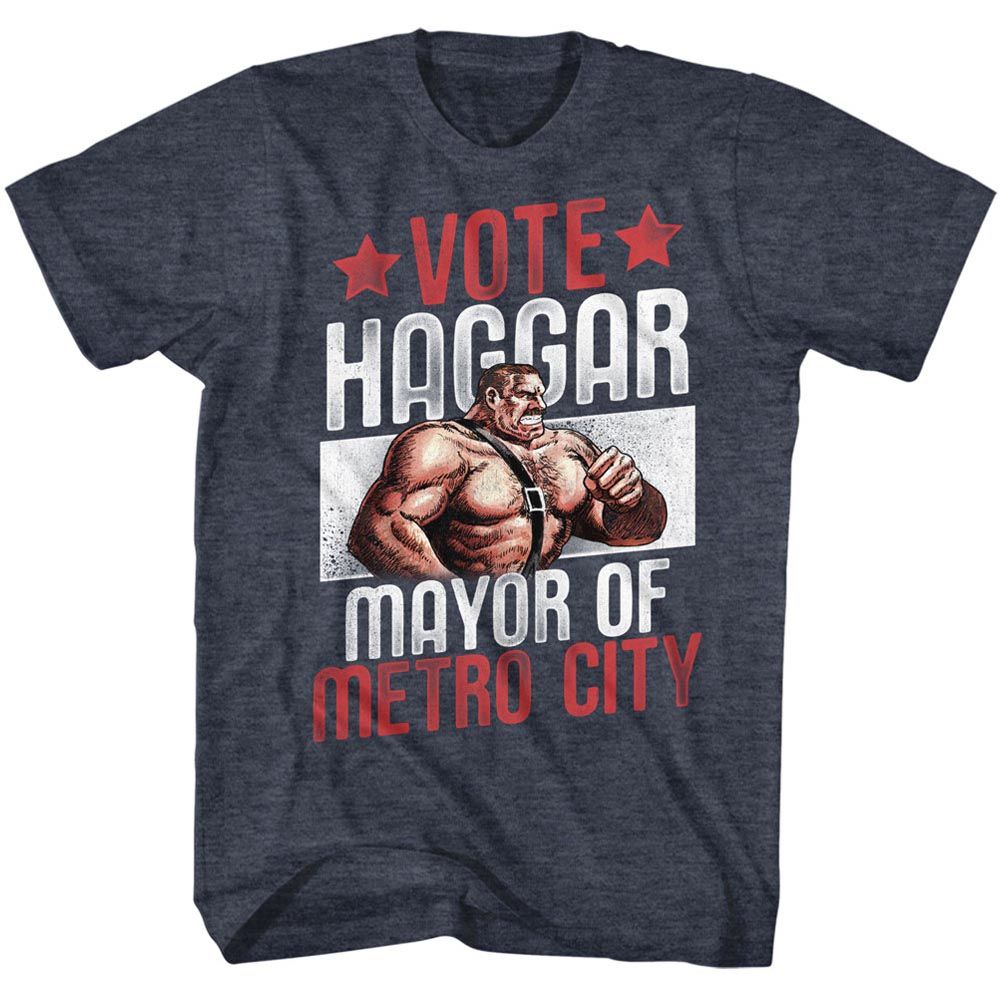 Navy heather Final Fight t-shirt featuring Final Fight Vote Haggar Mayor design
