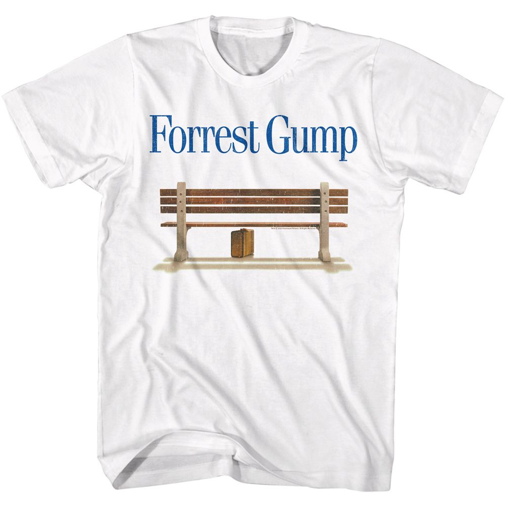 White Forrest Gump t-shirt featuring Forrest Gump Logo And Bench design
