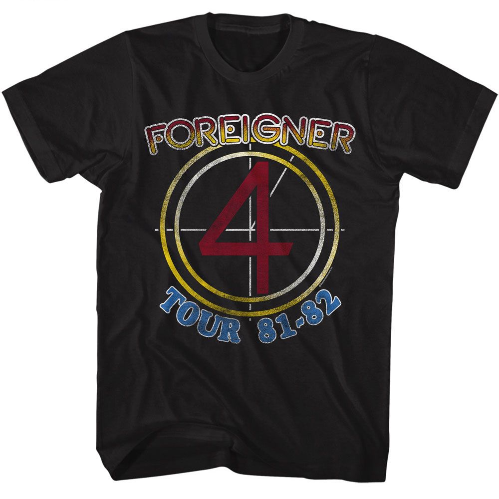 Black Foreigner t-shirt featuring Foreigner 1981-82 Tour design