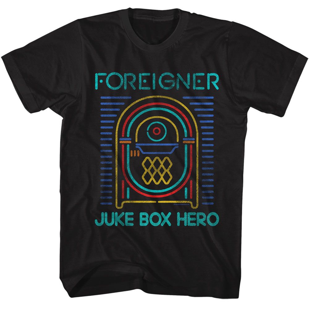 Black Foreigner t-shirt featuring Foreigner Juke Box Hero design