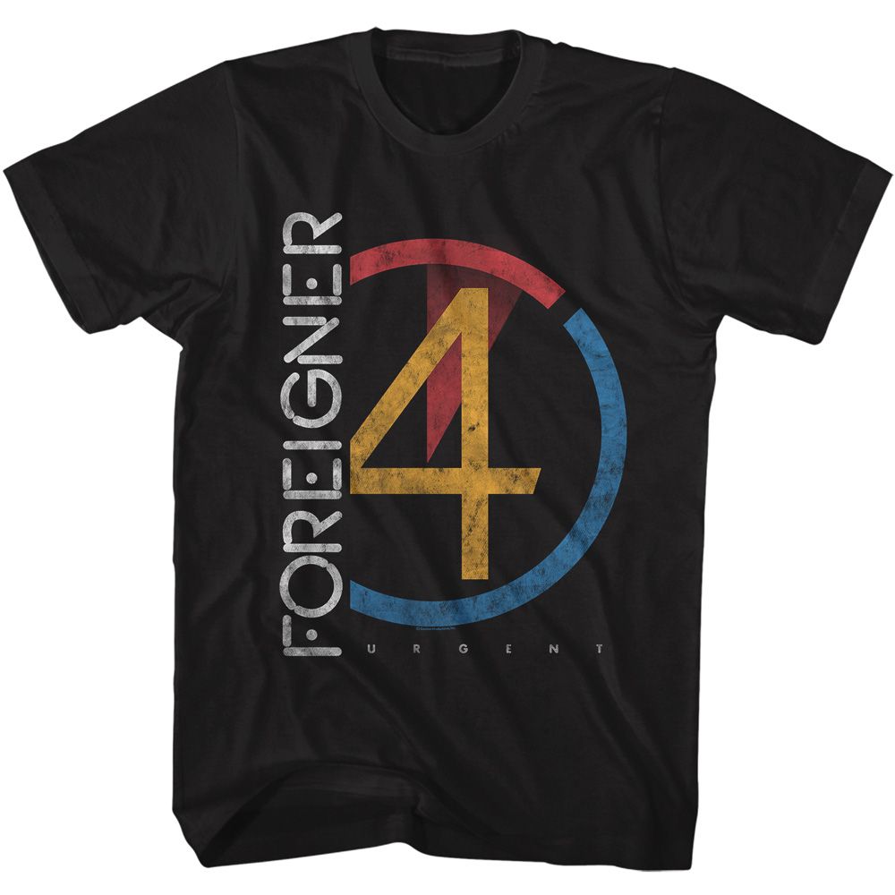 Black Foreigner t-shirt featuring Foreigner Urgent 1981 design