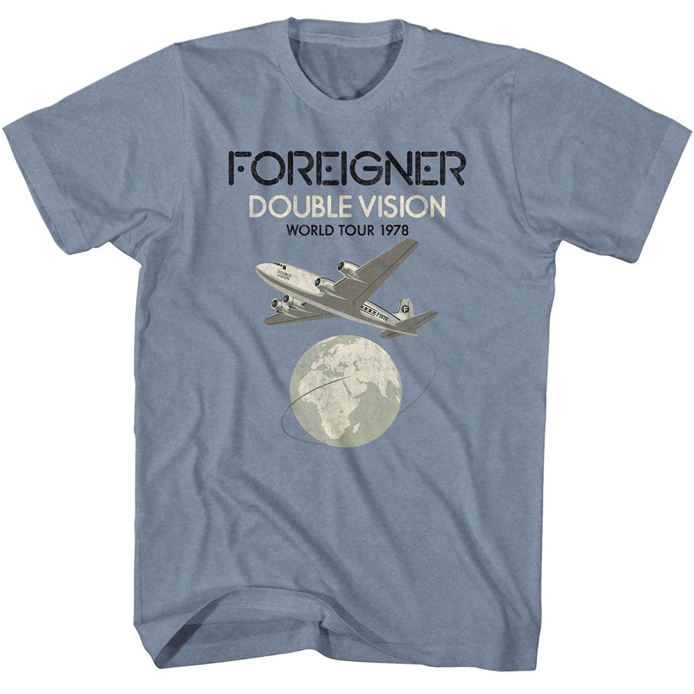 Indigo heather Foreigner t-shirt featuring Foreigner Double Vision 1978 album design