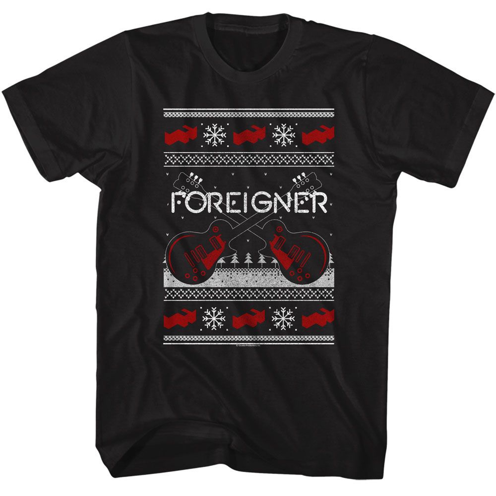 Black Foreigner t-shirt featuring Foreigner Christmas Sweater design