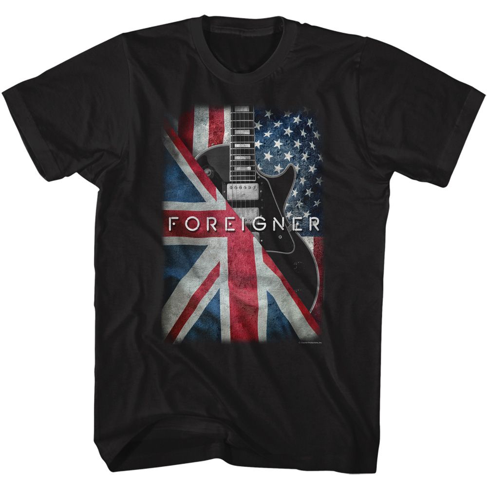 Black Foreigner t-shirt featuring Foreigner Flags And Guitar design