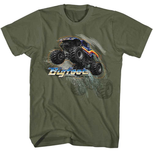 Military green Bigfoot t-shirt featuring Bigfoot Truck Jump design