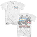 White Bigfoot t-shirt featuring Bigfoot Two Trucks 1992 front and back design