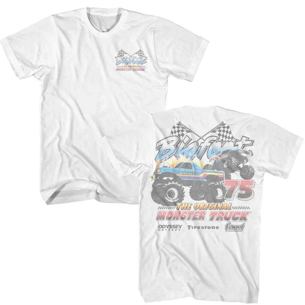 White Bigfoot t-shirt featuring Bigfoot Two Trucks 1992 front and back design