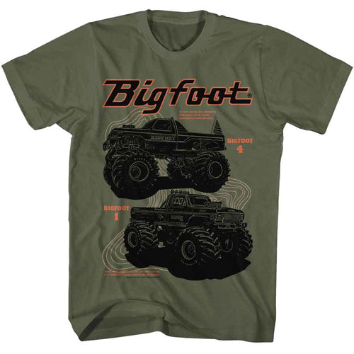 Military green Bigfoot t-shirt featuring Bigfoot 1 And 4 design