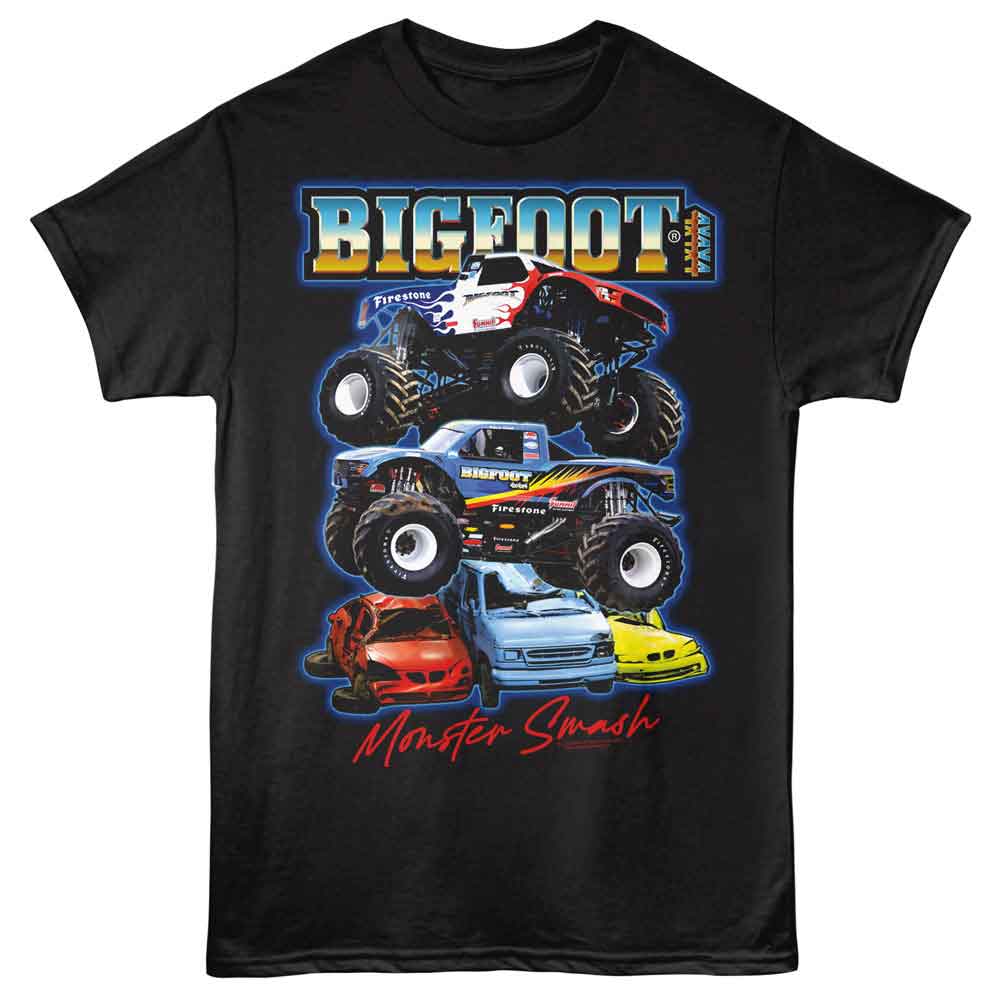 Black Bigfoot t-shirt featuring Bigfoot Pile Up design