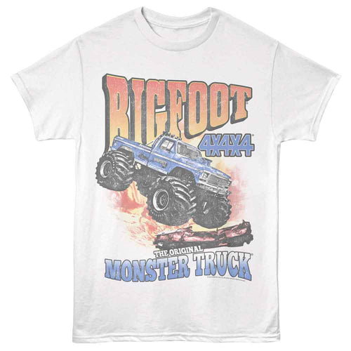 White Bigfoot t-shirt featuring Bigfoot OG Monster Truck design