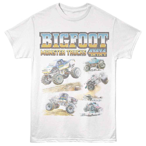 White Bigfoot t-shirt featuring Bigfoot Multi Trucks design