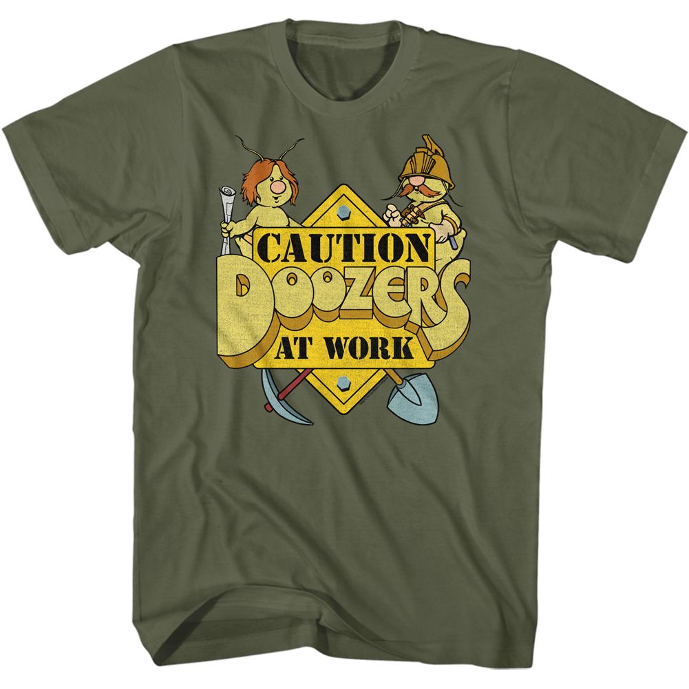 Military green Fraggle Rock t-shirt featuring Fraggle Rock Caution Doozers At Work design