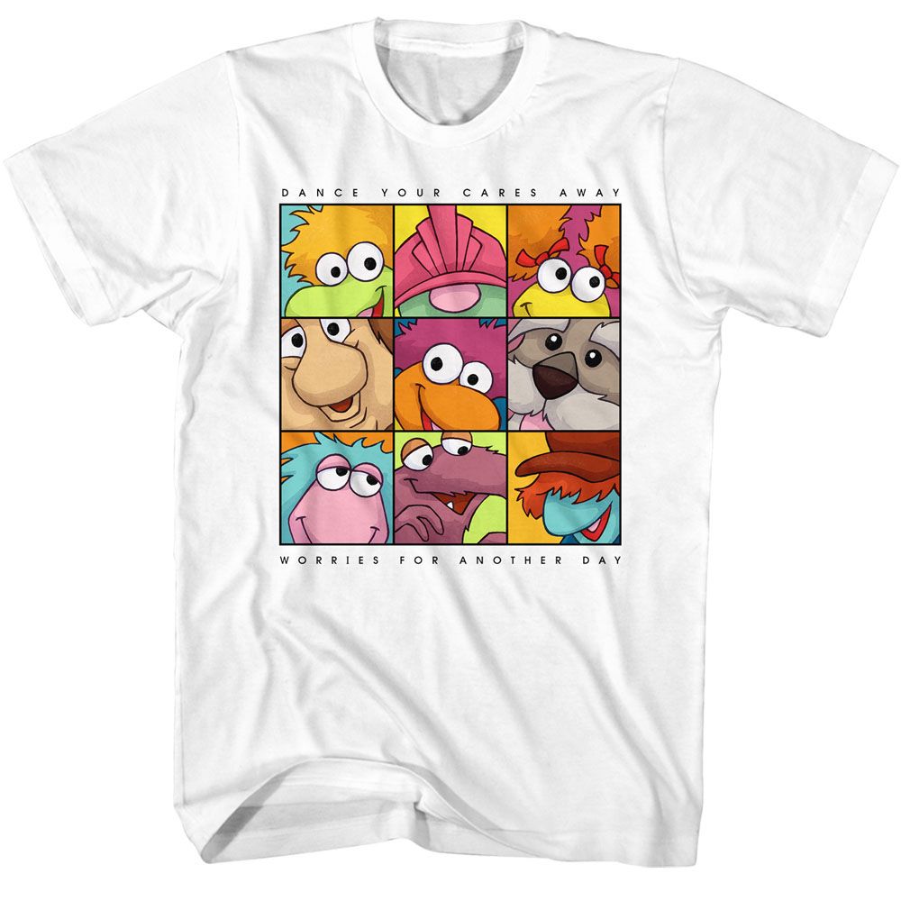 White Fraggle Rock t-shirt featuring Fraggle Rock 9 Character Dance design