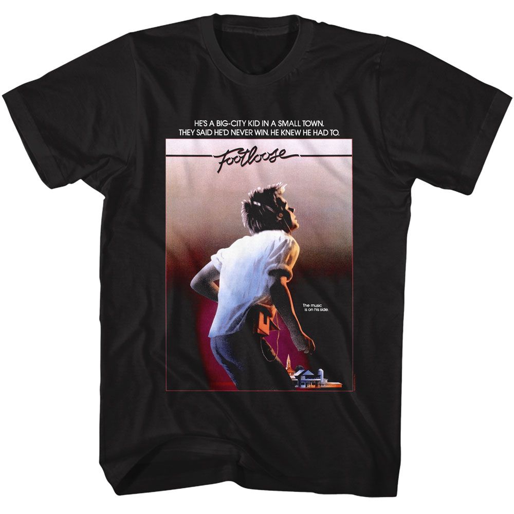 Black Footloose t-shirt featuring Footloose 1984 movie poster design