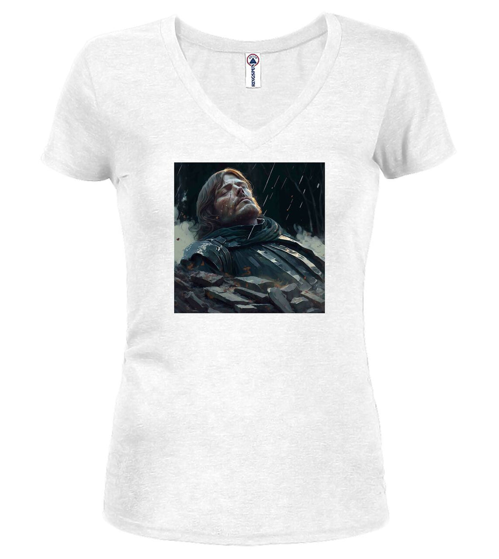 White Fallen Hero Fantasy Juniors V-Neck T-Shirt