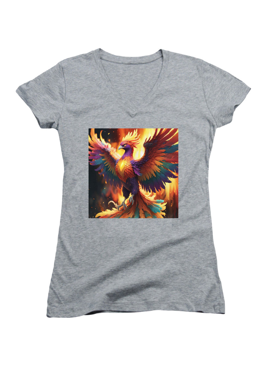 Gray Fiery Phoenix Juniors V-Neck T-Shirt