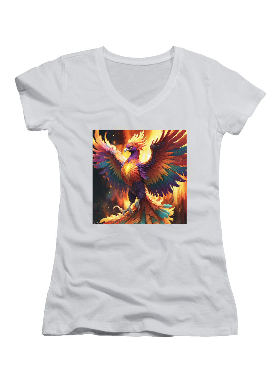 White Fiery Phoenix Juniors V-Neck T-Shirt