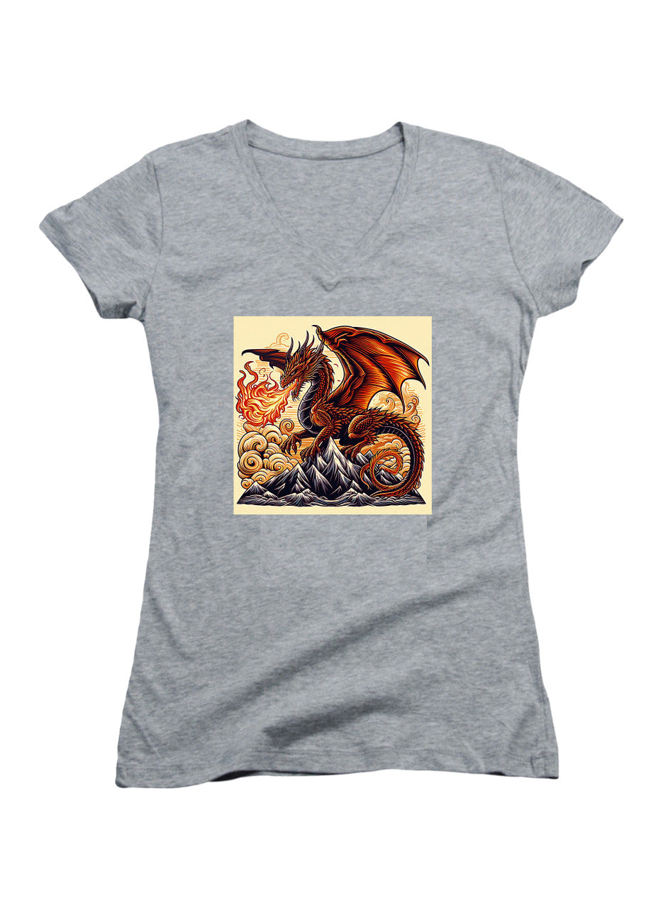 Gray Fire Dragon Juniors V-Neck T-Shirt