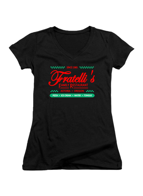 Black Fratelli's Family Restaurant Juniors V-Neck T-Shirt