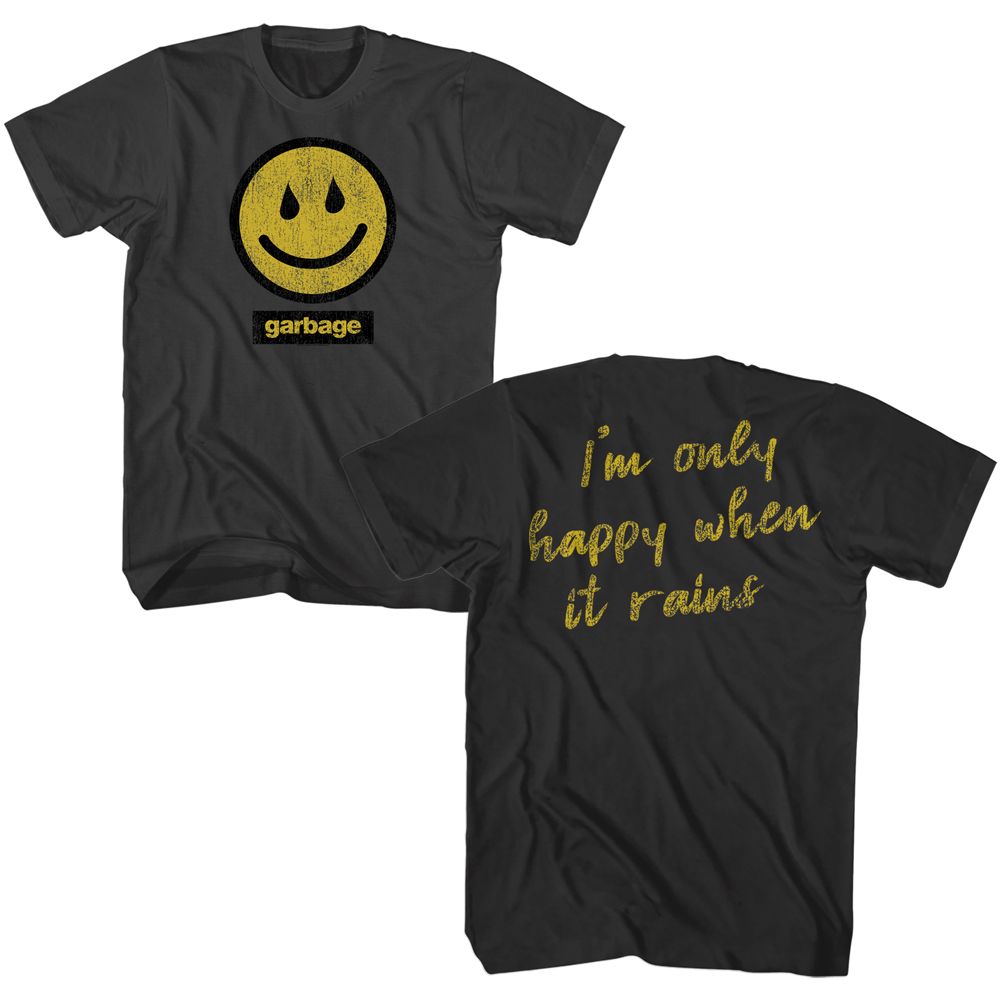 Smoke gray Garbage t-shirt featuring Garbage Rain Smiley Only Happy When It Rains design