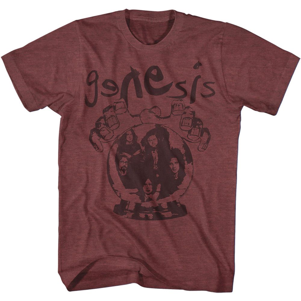 Vintage maroon heather Genesis t-shirt featuring Genesis Crystal Ball design