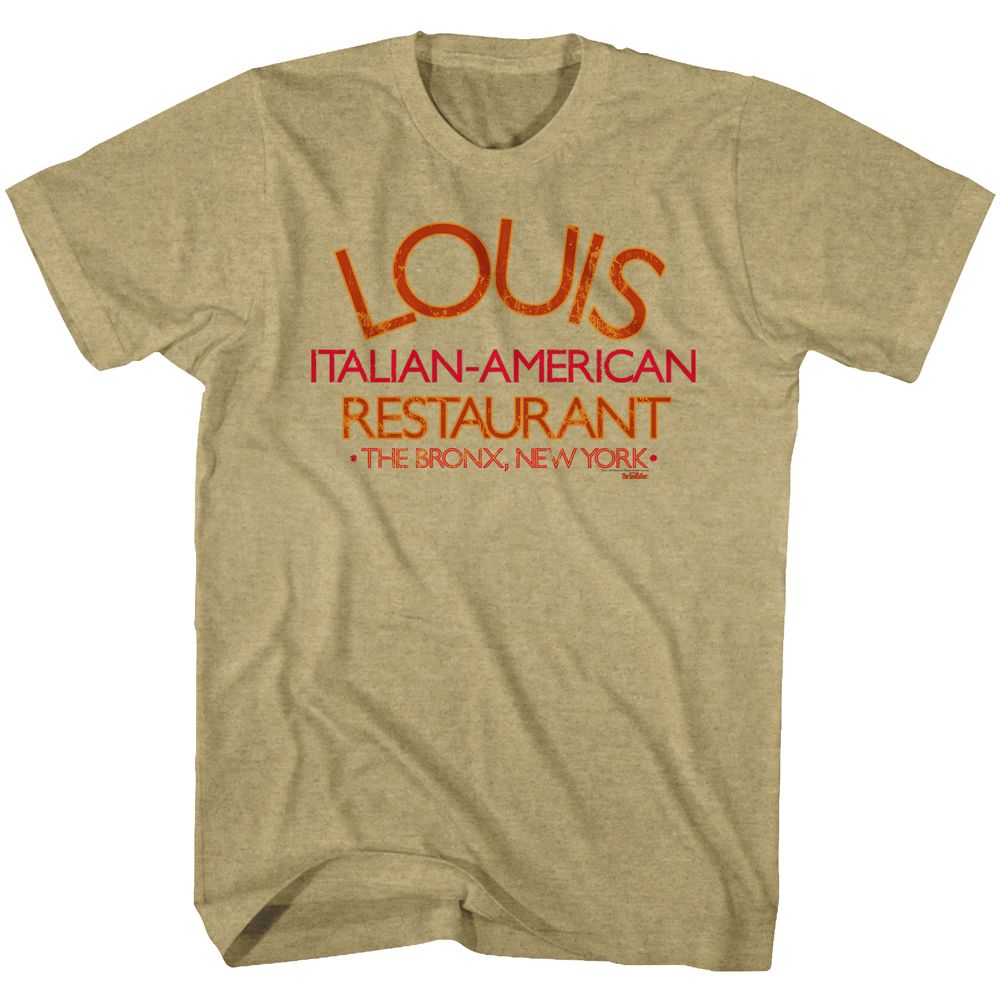 Khaki heather The Godfather t-shirt featuring The Godfather Louis Restaurant design