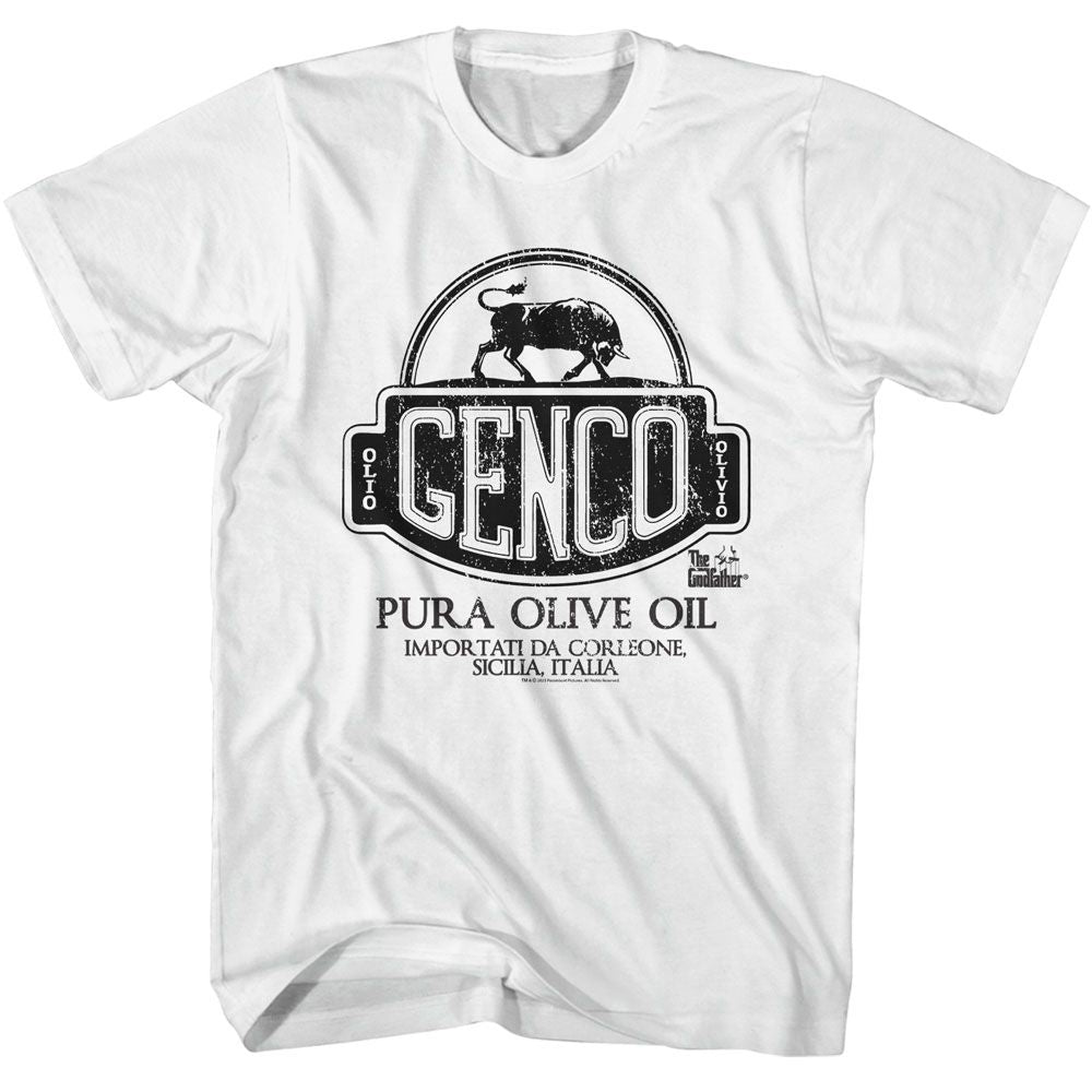 White The Godfather t-shirt featuring a Genco Pura Olive Oil design