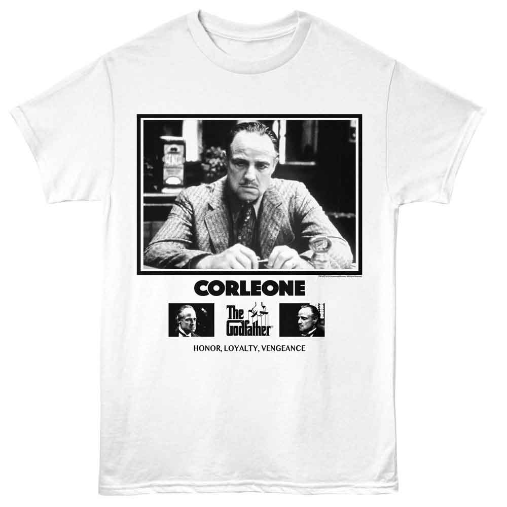 White The Godfather t-shirt featuring a Corleone HLV design