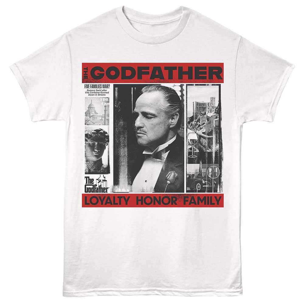 White The Godfather t-shirt featuring a Loyalty Honor Family Photo Grid design