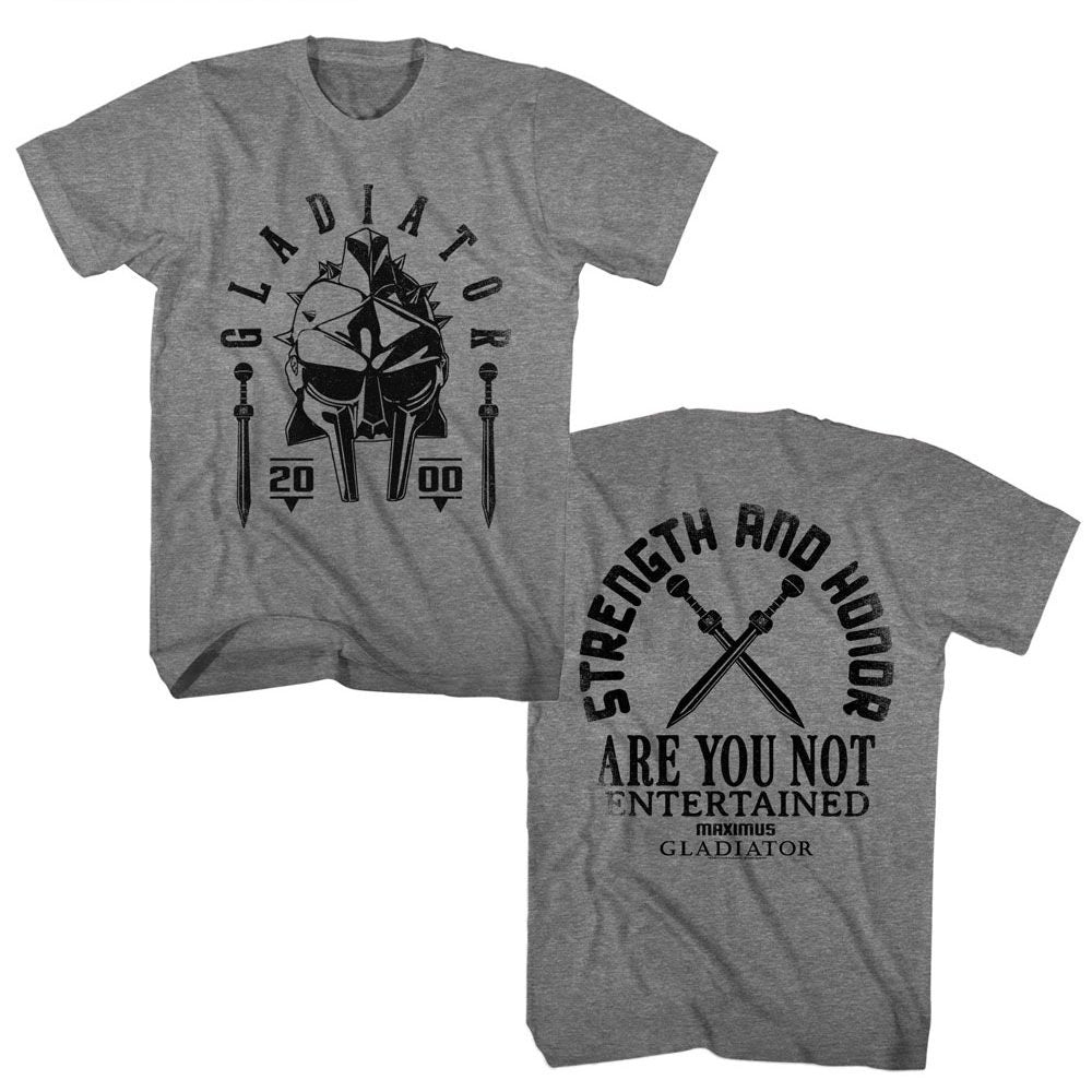 Graphite heather Gladiator t-shirt featuring Gladiator Are You Not Entertained design