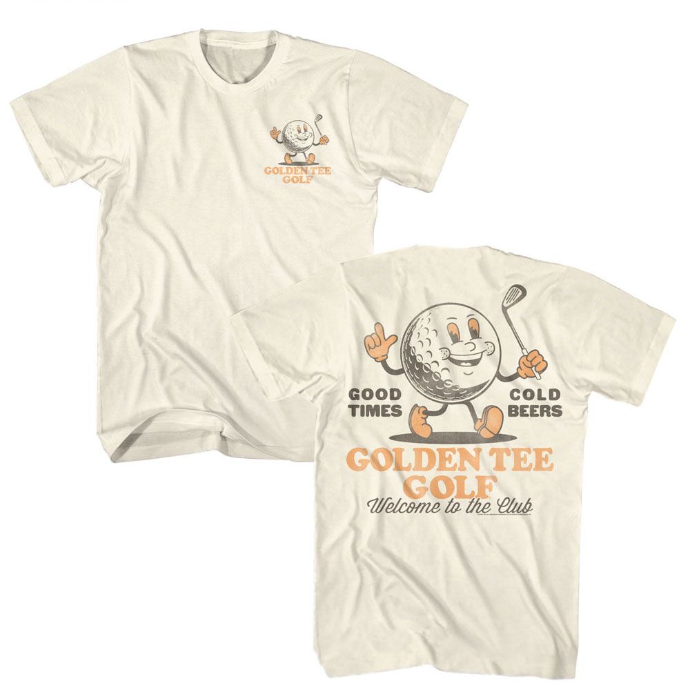 Natural Golden Tee t-shirt featuring Golden Tee Golf Cartoon Man front and back design