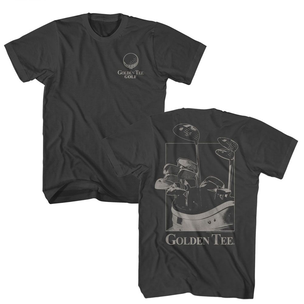 Smoke gray Golden Tee t-shirt featuring Golden Tee Golf Clubs front and back design