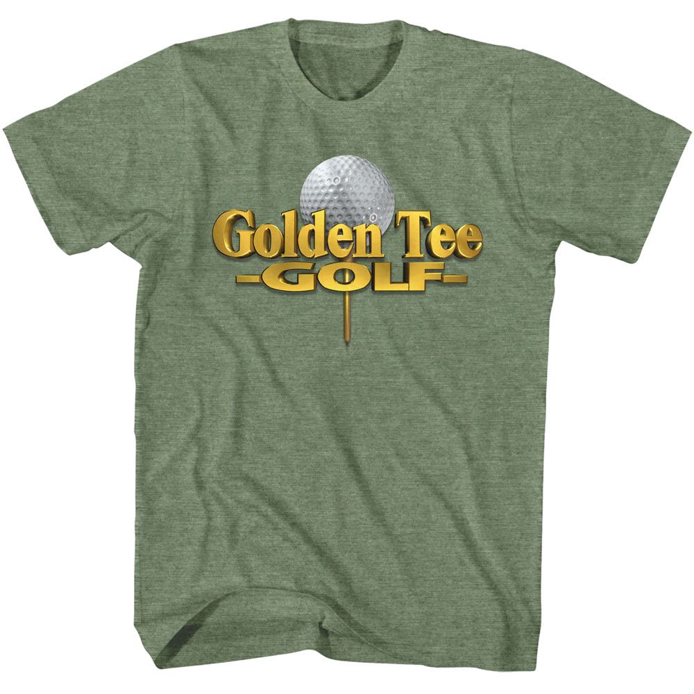 Military green heather Golden Tee t-shirt featuring Golden Tee Logo design