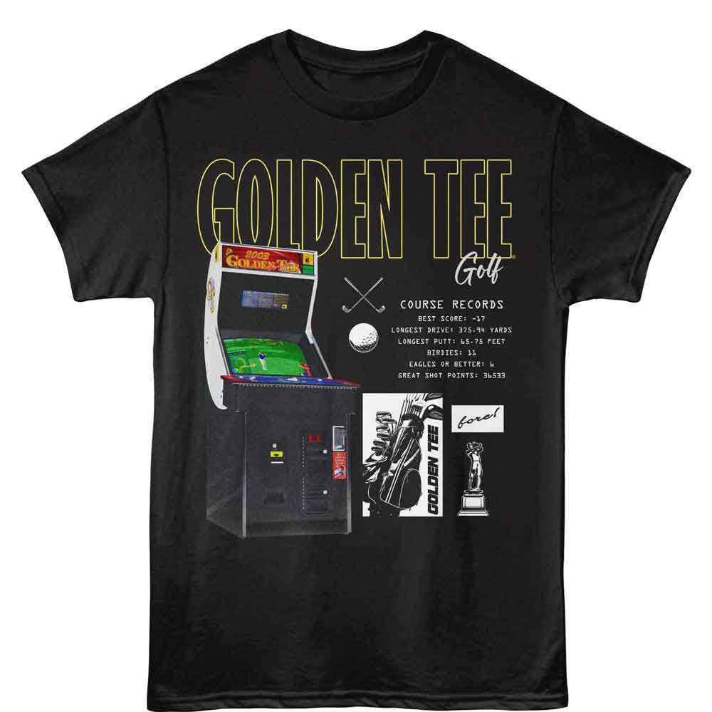Black Golden Tee t-shirt featuring Golden Tee Large Game Cabinet design