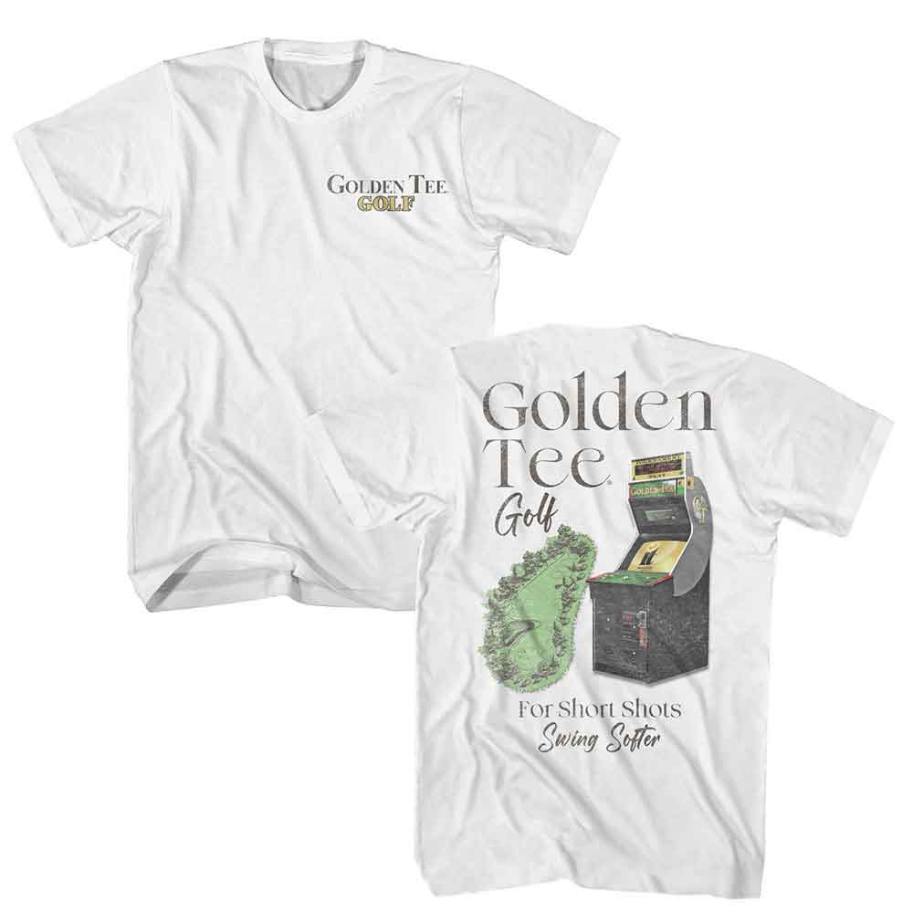White Golden Tee t-shirt featuring Golden Tee Cabinet And Golf Course design