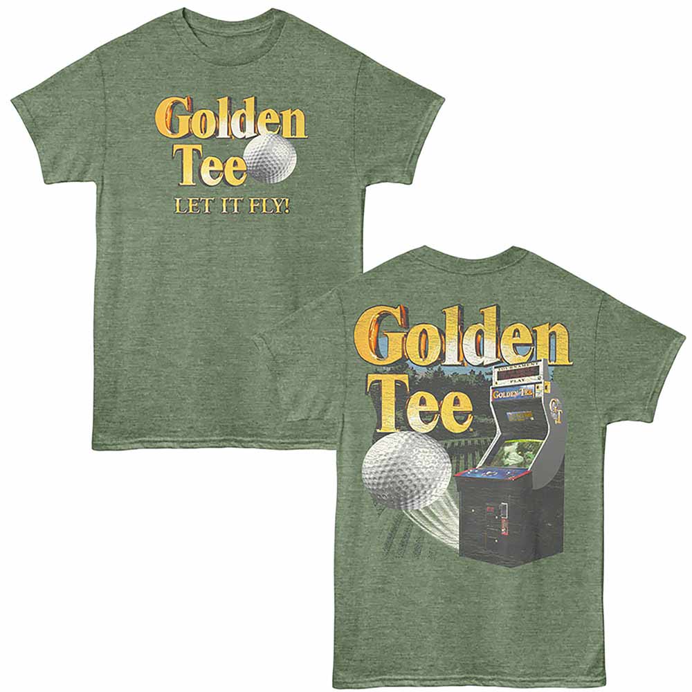 Military green heather Golden Tee t-shirt featuring a Let It Fly Arcade design