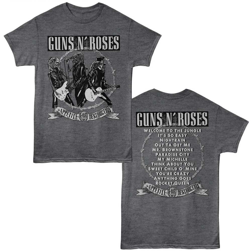Heather charcoal Guns N' Roses t-shirt featuring Guns N Roses Appetite Songs tracklist design