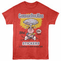 Red heather Garbage Pail Kids t-shirt featuring a Stickers Wax Pack design