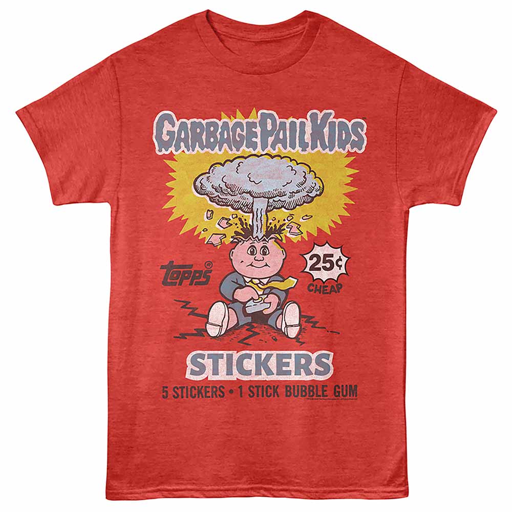 Red heather Garbage Pail Kids t-shirt featuring a Stickers Wax Pack design