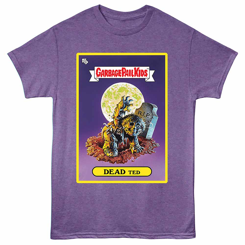 Purple heather Garbage Pail Kids t-shirt featuring a Dead Ted Card design
