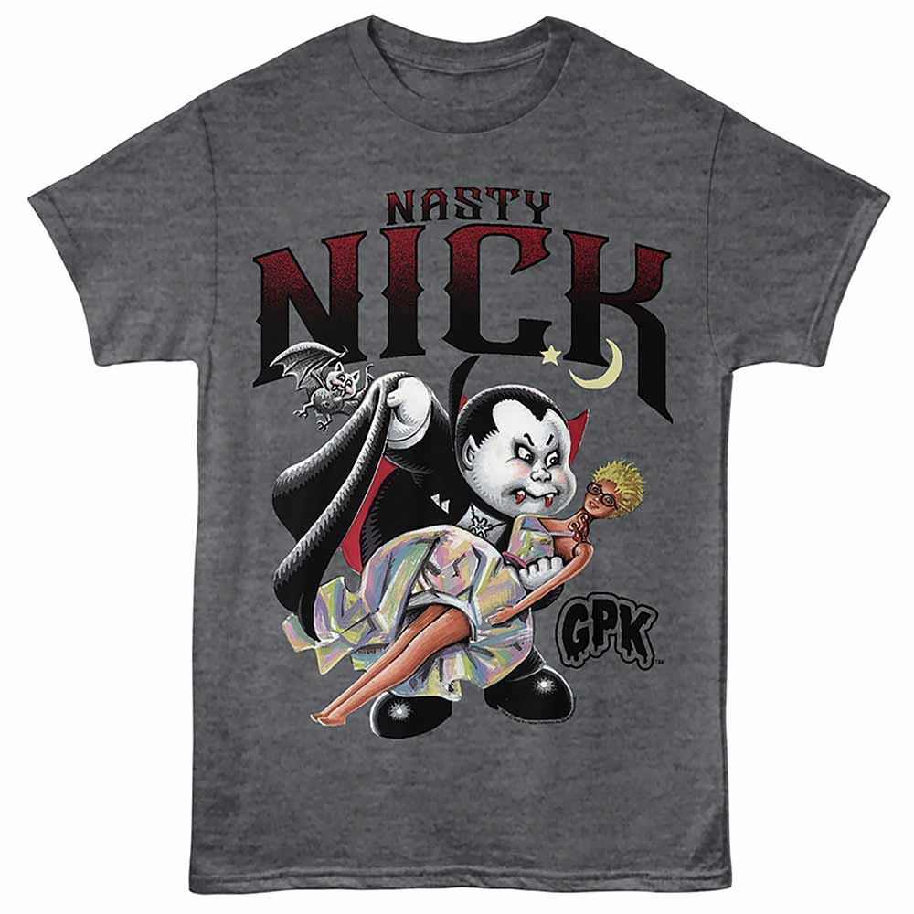 Graphite heather Garbage Pail Kids t-shirt featuring a Nasty Nick design